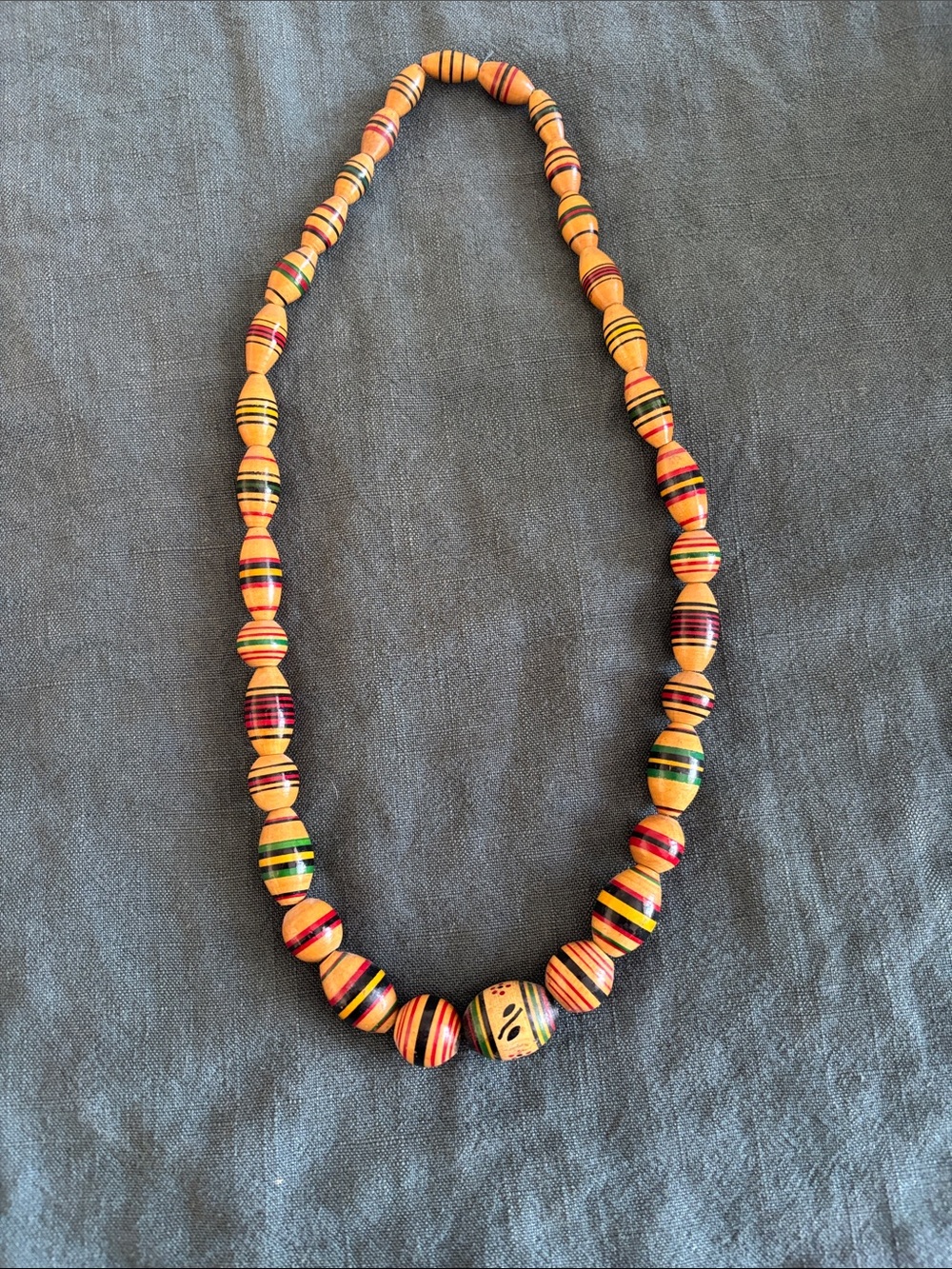 Striped Multicolor Wooden Bead Necklace - Yellow, Red & Green